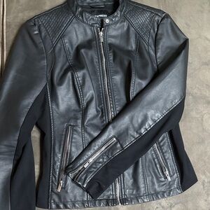 Express Women's Black Faux Leather Jacket with Quilted Shoulders